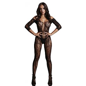 Catsuit Le Désir Lace Sleeved Negru