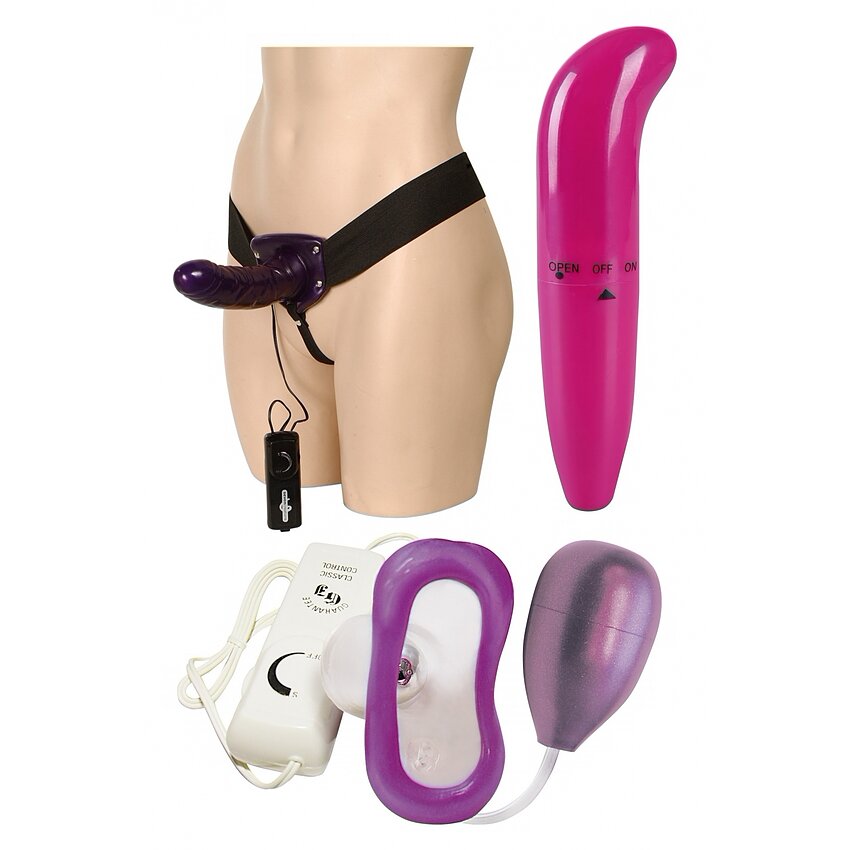 Pachet Extaz Intens: Strap-On, Pompă și Vibrator