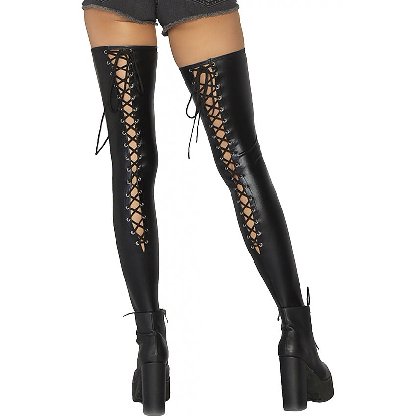 Dresuri Leg Avenue Wetlook Lace Up Thigh Highs Negru M-L